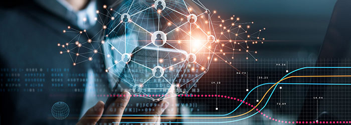 Business woman using mobile smartphone on global network connection and data customer connection on blue background, Digital marketing, Data exchanges,  Innovative and technology.